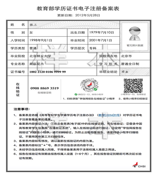 教育部学历证书电子注册备案表（样本）